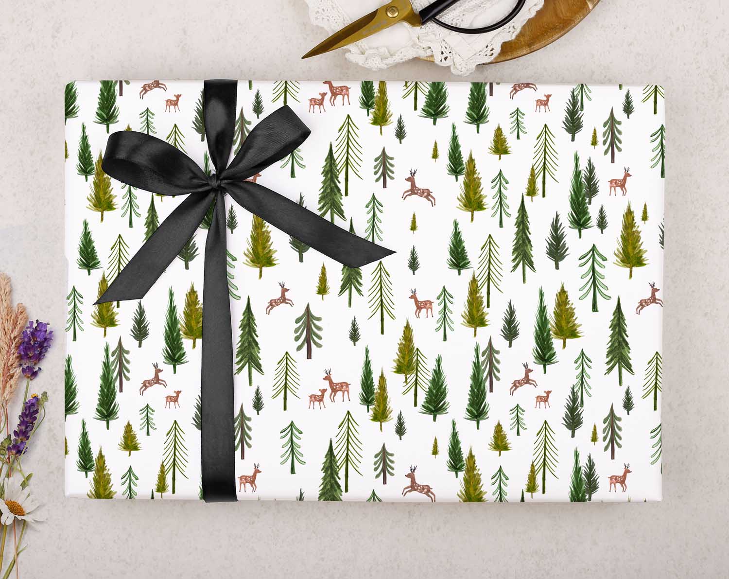 Christmas forest of trees with Deer prancing, Rustic Wrapping Paper