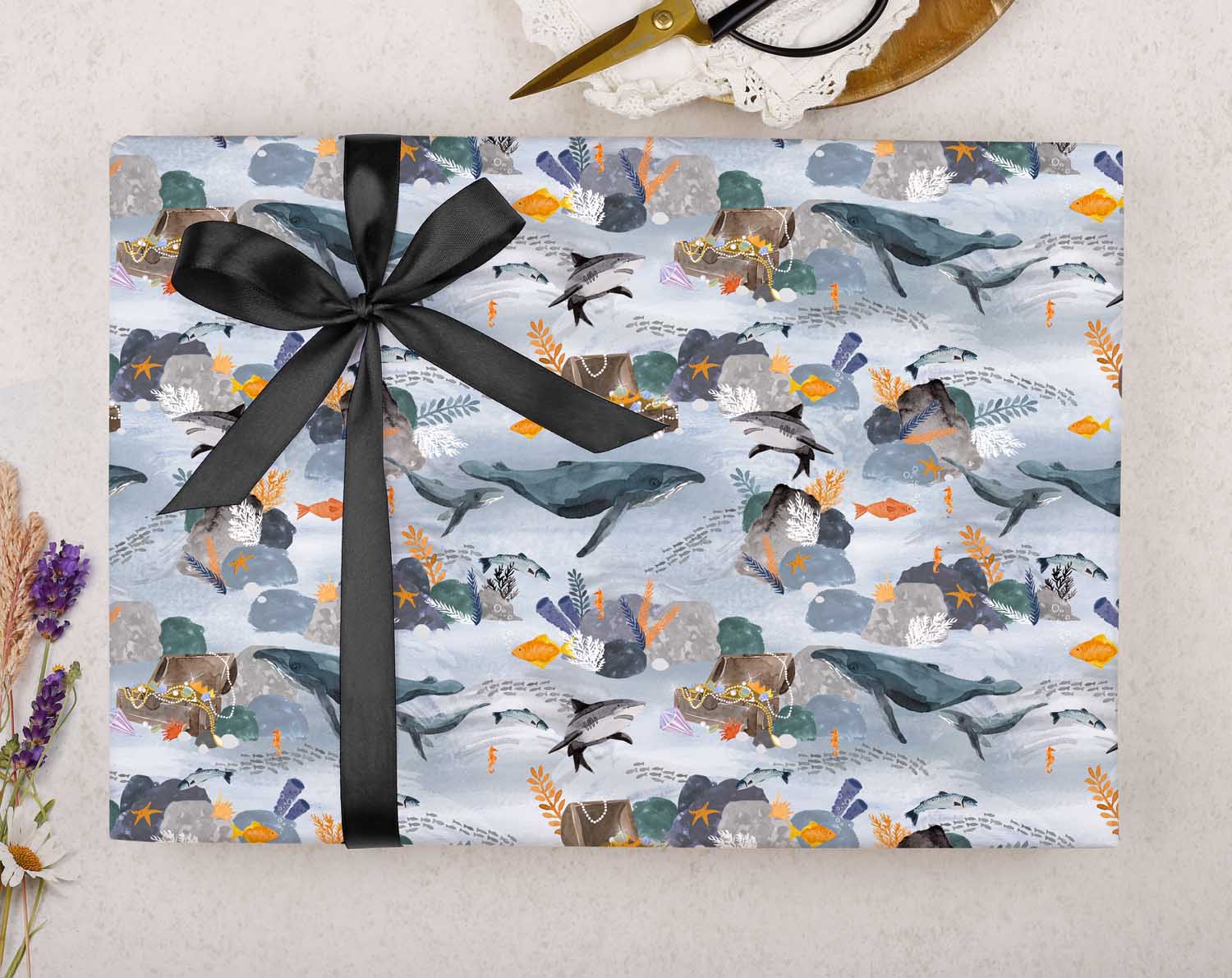 under the sea, whale and shark pattern wrapping paper 