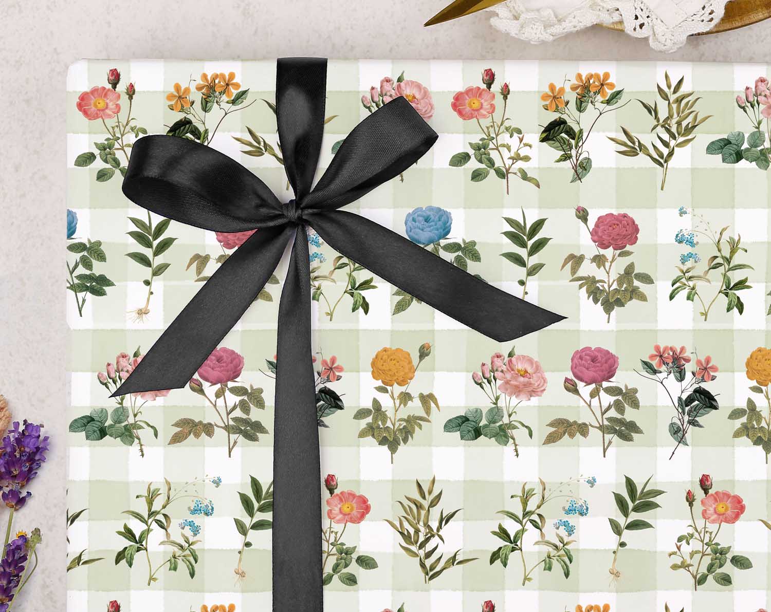 Green Gingham Floral Wrapping Paper