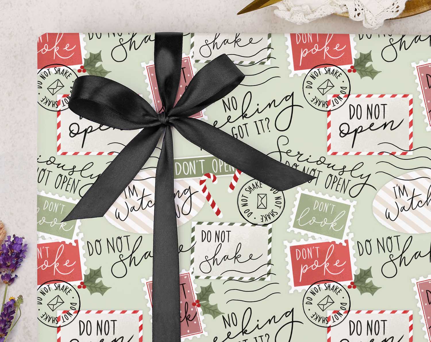 Green 'Do not open' Christmas Wrapping Paper