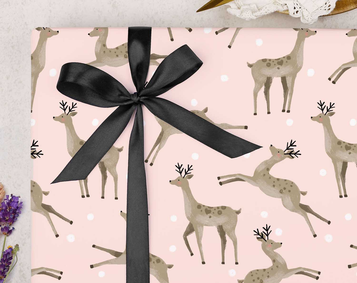 Baby Pink Christmas Reindeer Wrapping Paper