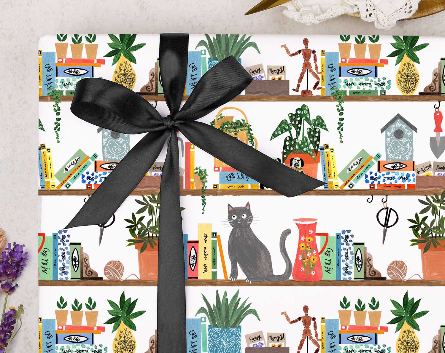 Cat On Bookcase Wrapping Paper