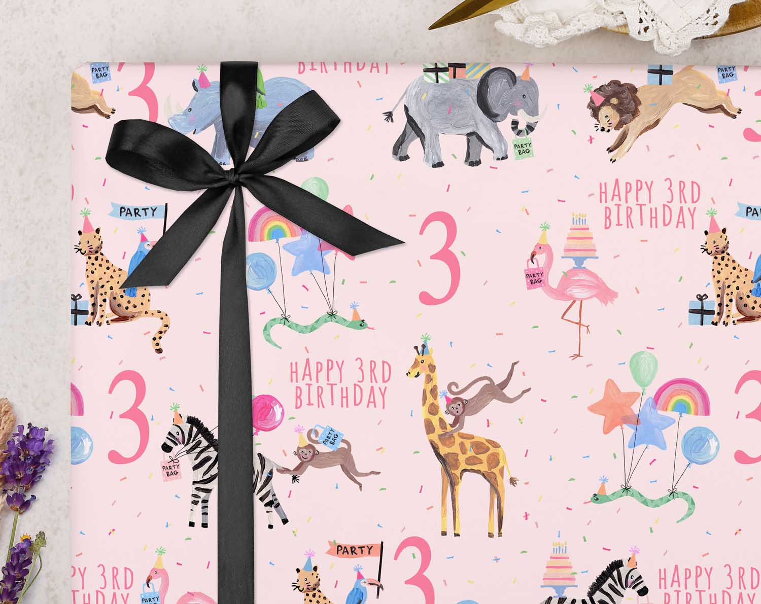 Pink Safari Animal 3rd Birthday Wrapping Paper