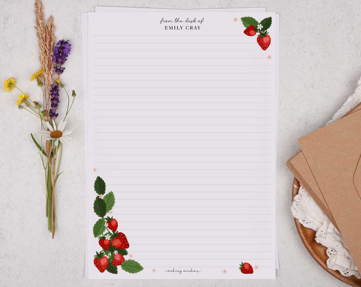 Personalised A4 Writing Paper With Strawberry Border