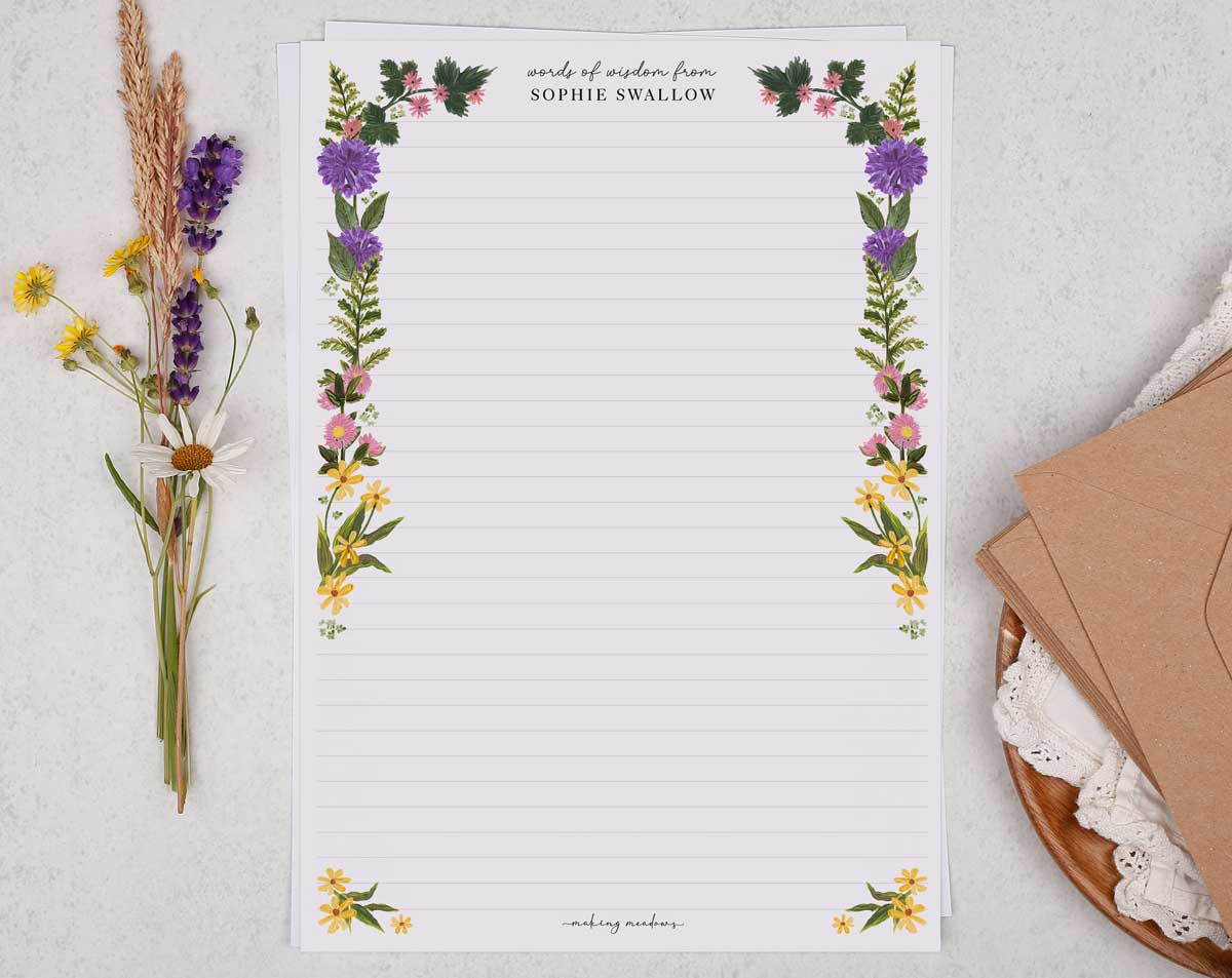 Personalised A4 Writing Paper With Wild Flowers Border