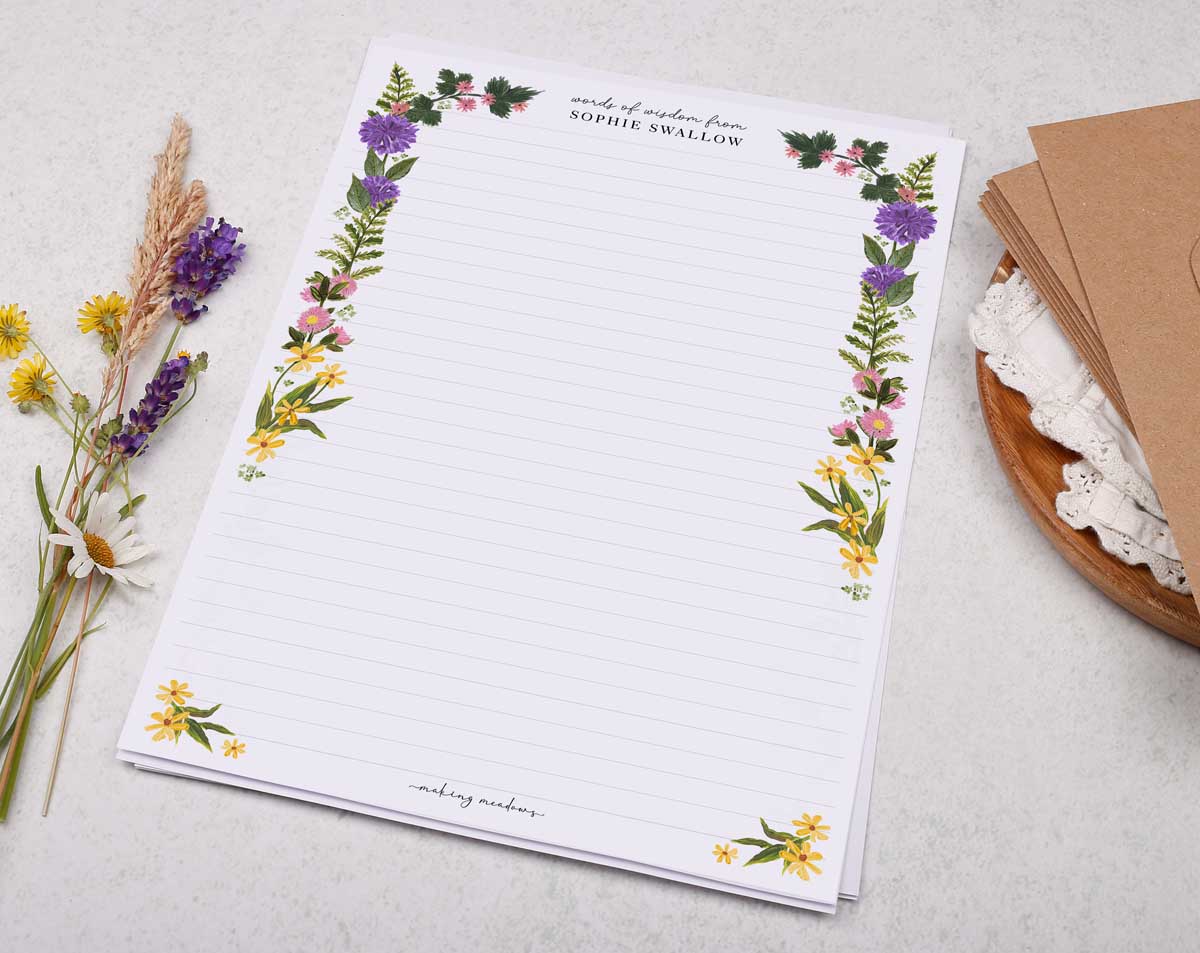 Personalised A4 Writing Paper With Wild Flowers Border
