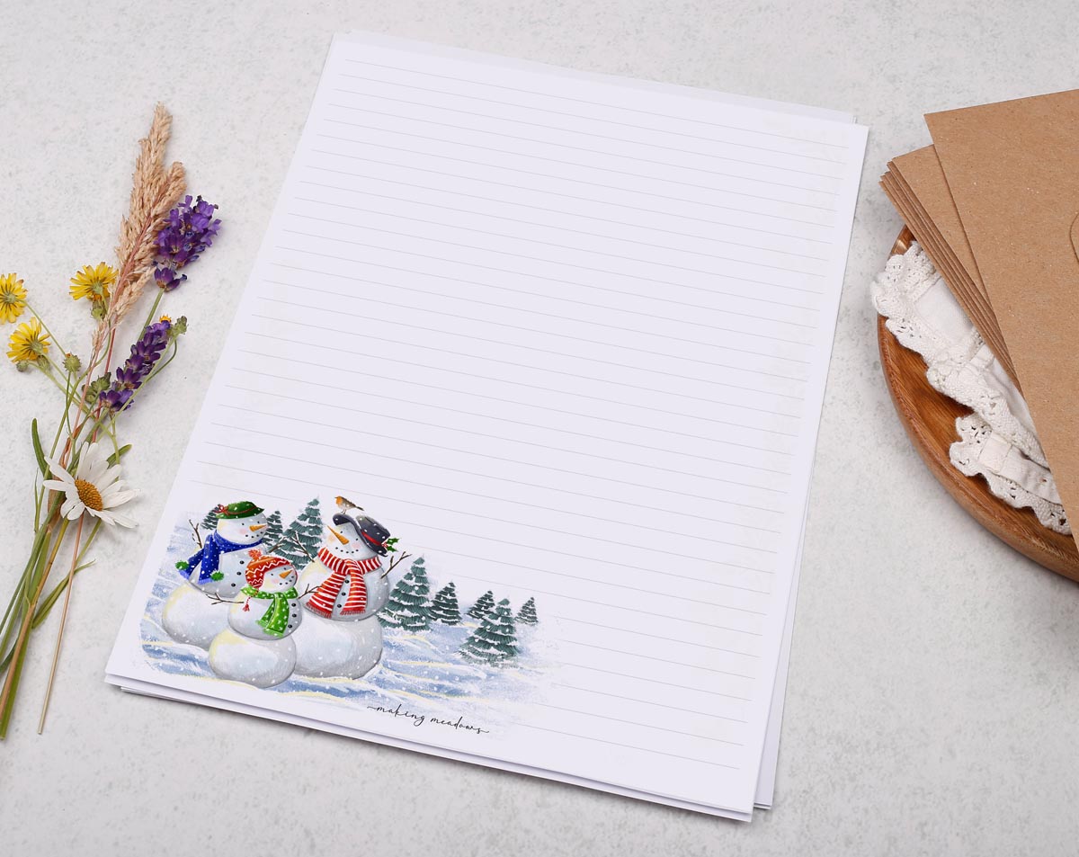 A4 writing paper with Christmas Snowmen. Stationery designed by Making Meadows