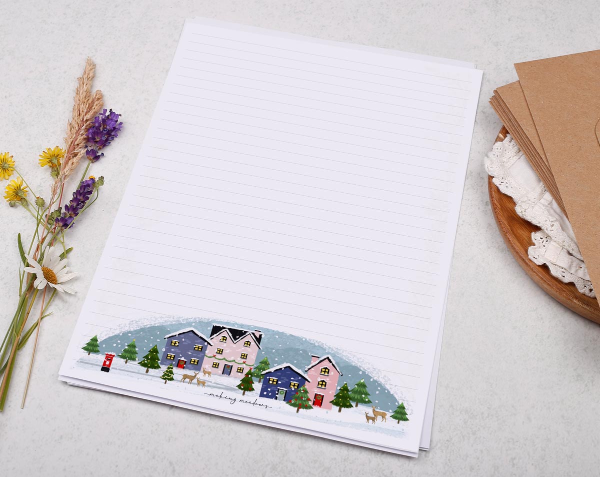 A4 writing paper with Christmas Village. Stationery designed by Making Meadows