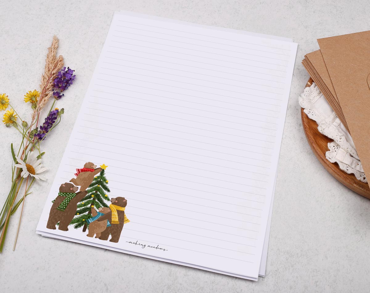 A4 writing paper with Christmas bears. Stationery designed by Making Meadows