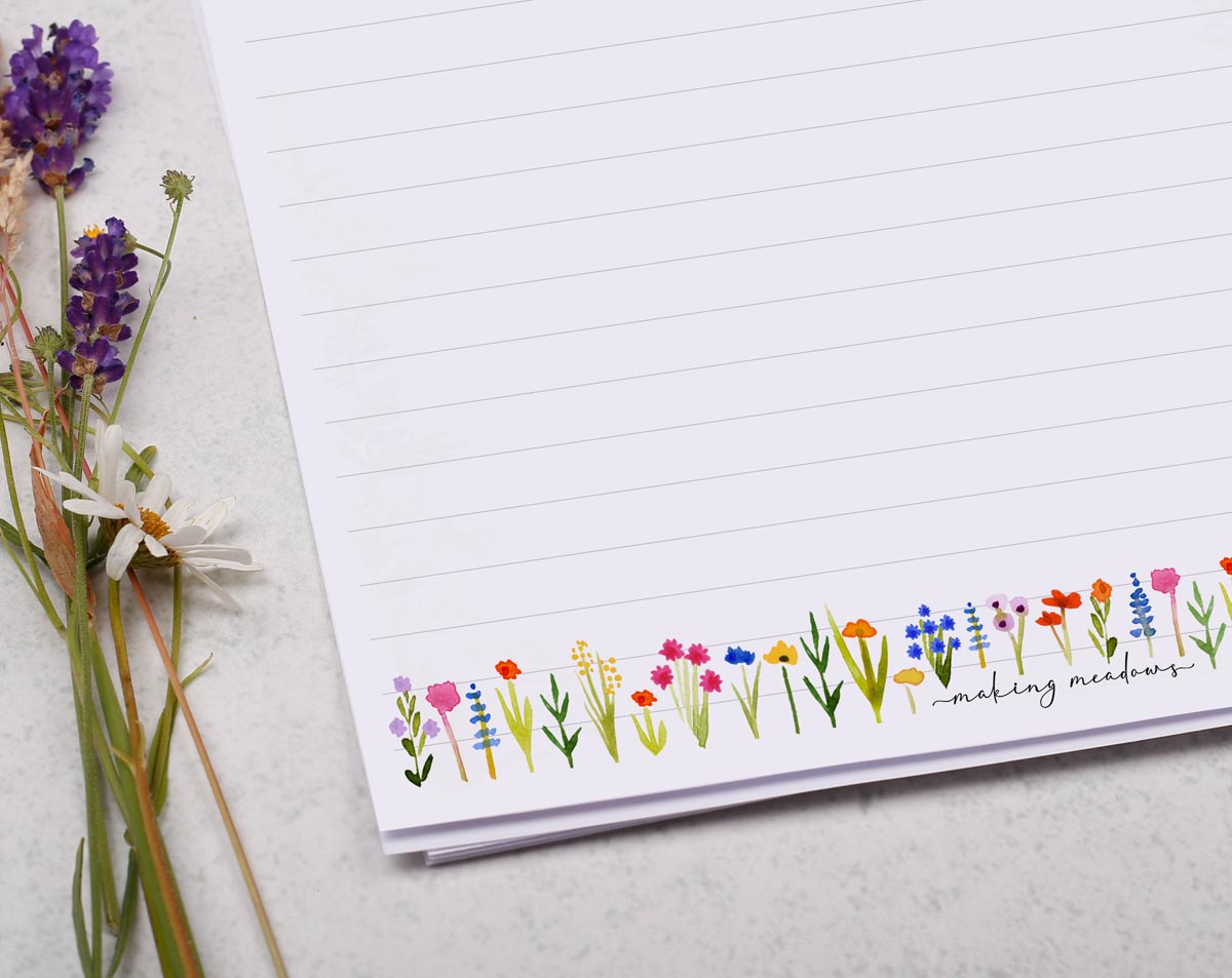 A4 writing paper with Ditsy Floral Border. Stationery designed by Making Meadows