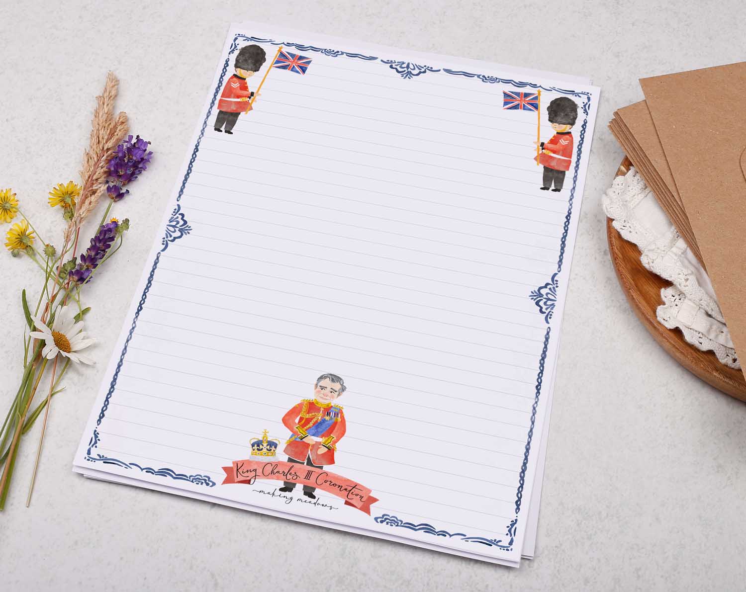 A4 writing paper with King Charles III Coronation. Stationery designed by Making Meadows