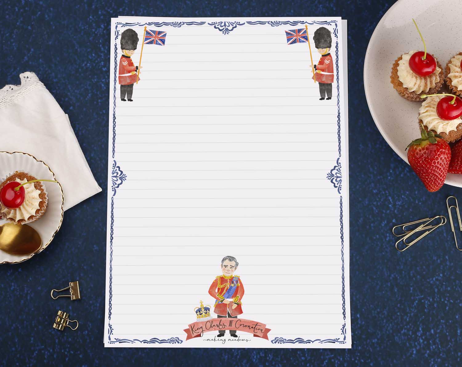 A4 writing paper with King Charles III Coronation. Stationery designed by Making Meadows