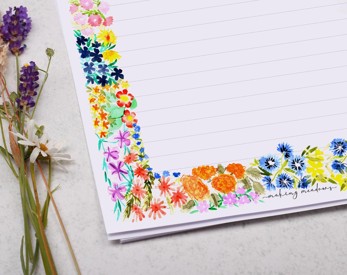 A4 writing paper with a bold floral border. Stationery designed by Making Meadows