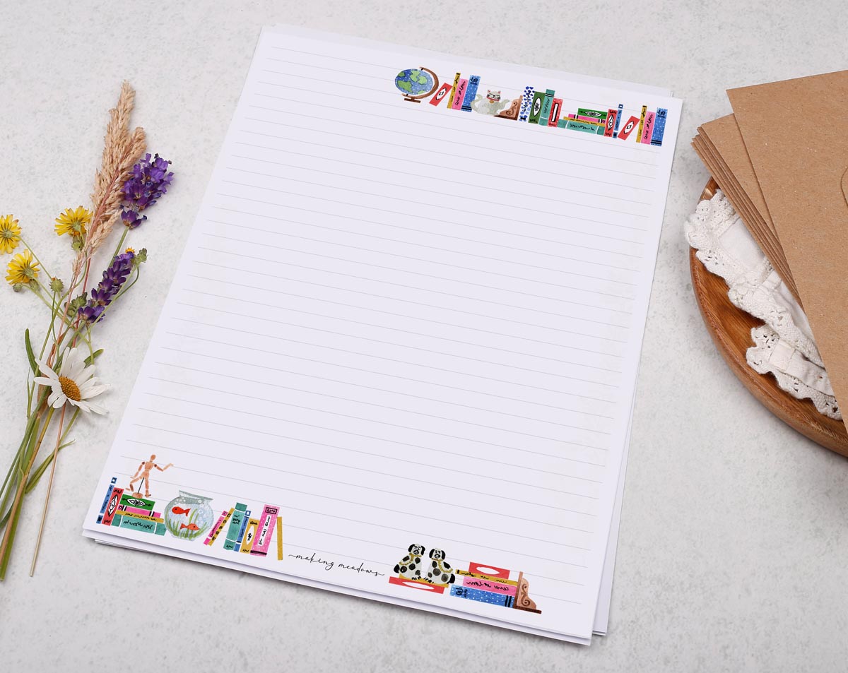 A4 writing paper with a book and trinket border. Stationery designed by Making Meadows