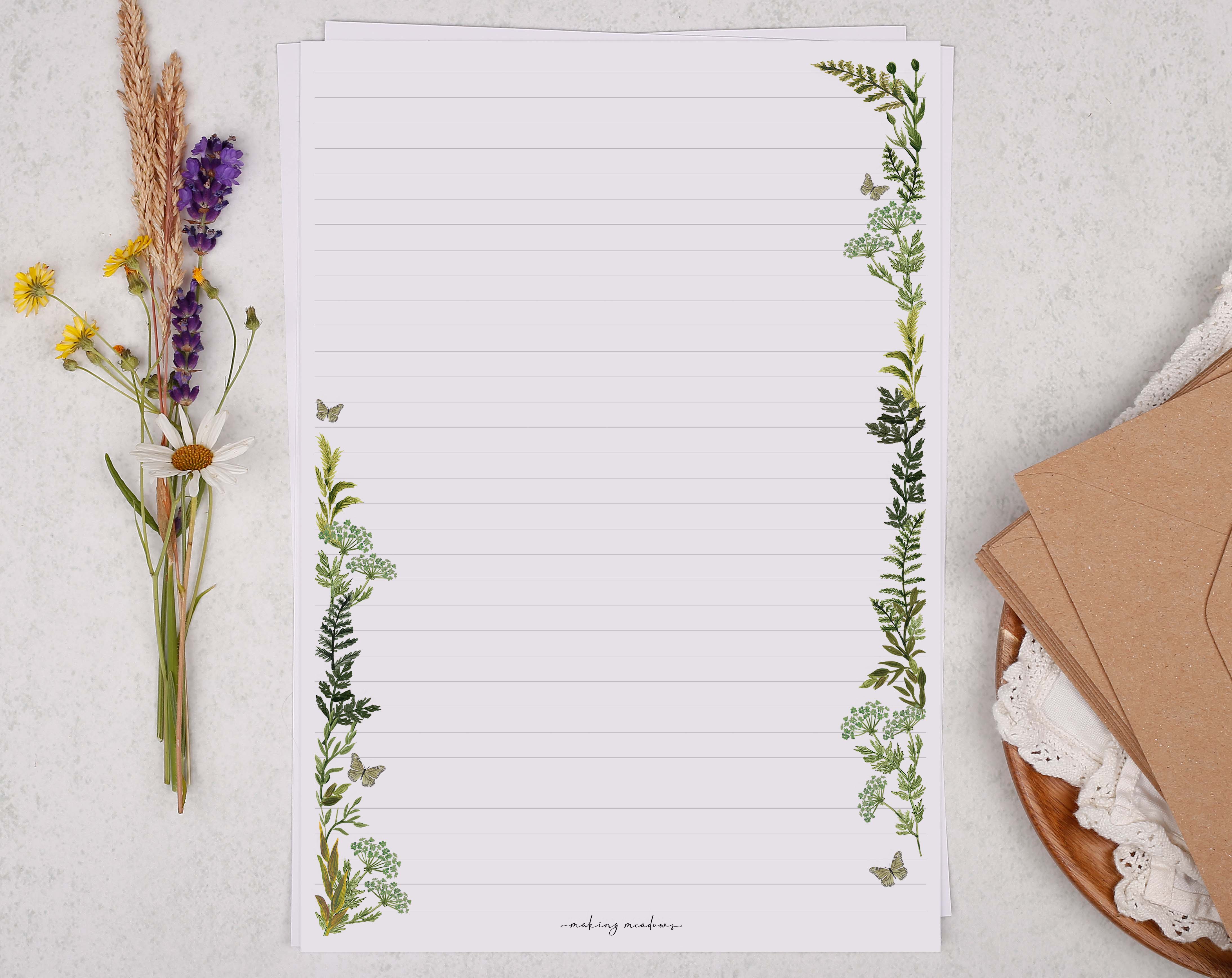 A4 writing paper with a botanical & butterfly border. Stationery designed by Making Meadows