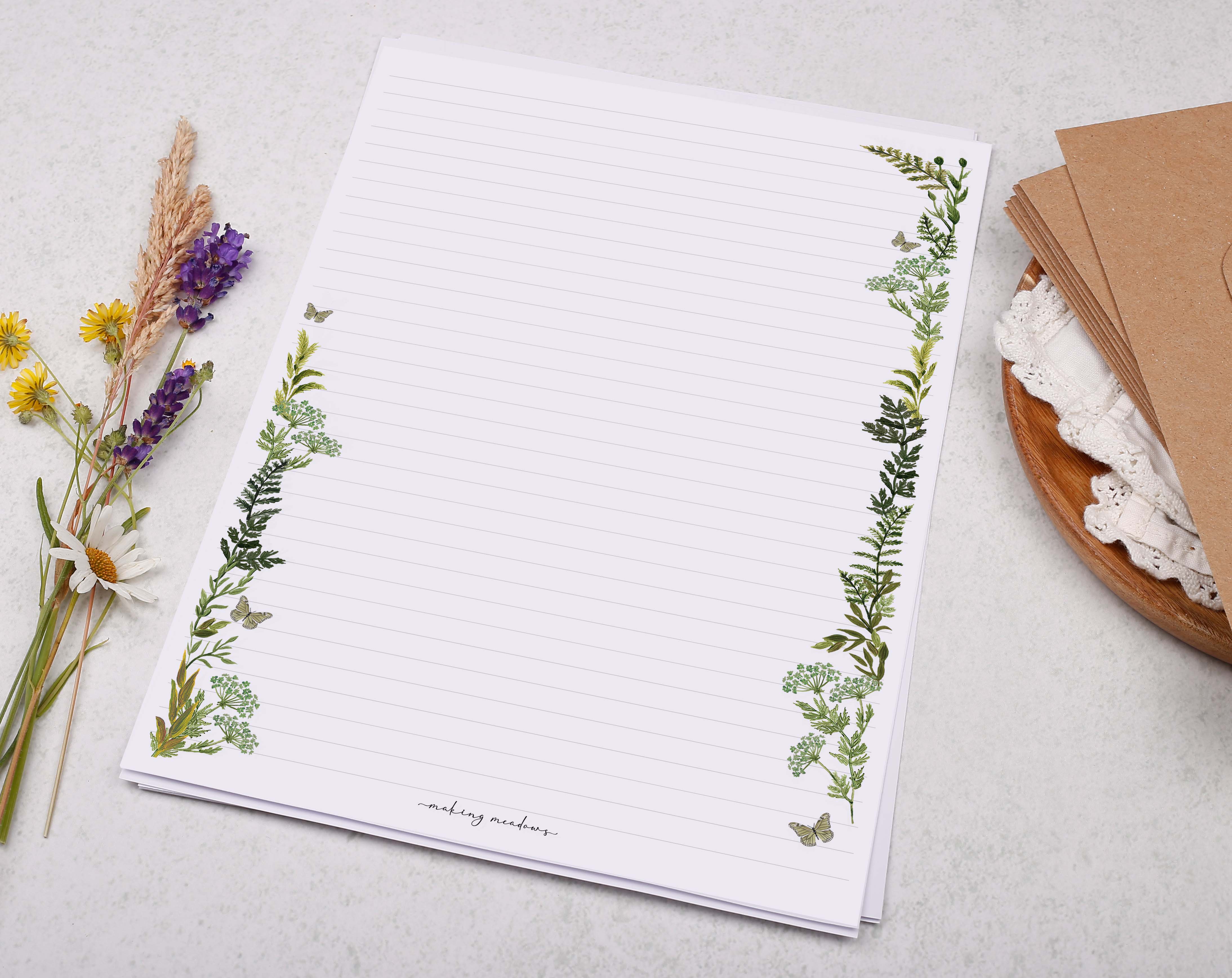 A4 writing paper with a botanical & butterfly border. Stationery designed by Making Meadows