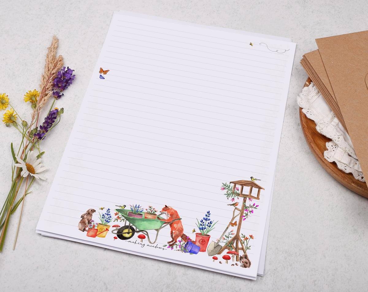 A4 writing paper with a cheeky garden fox. Stationery designed by Making Meadows