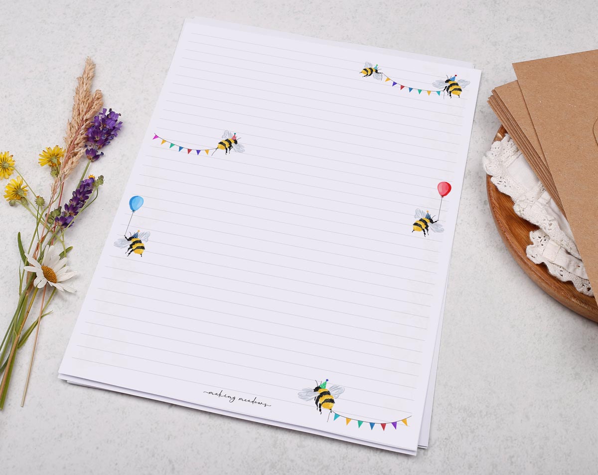 A4 writing paper with a cute bee party pattern. Stationery designed by Making Meadows