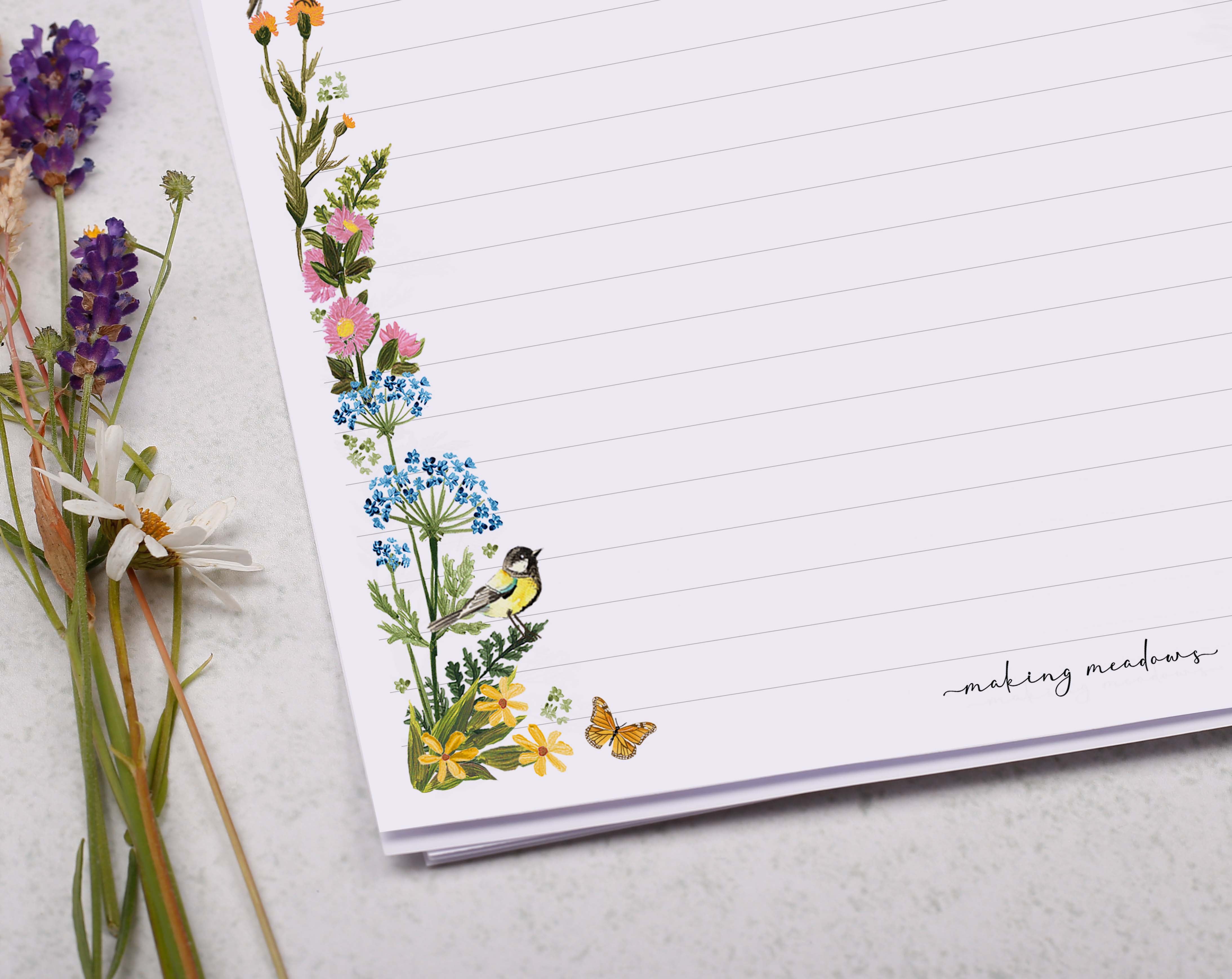 A4 writing paper with a ditsy floral meadow border. Stationery designed by Making Meadows