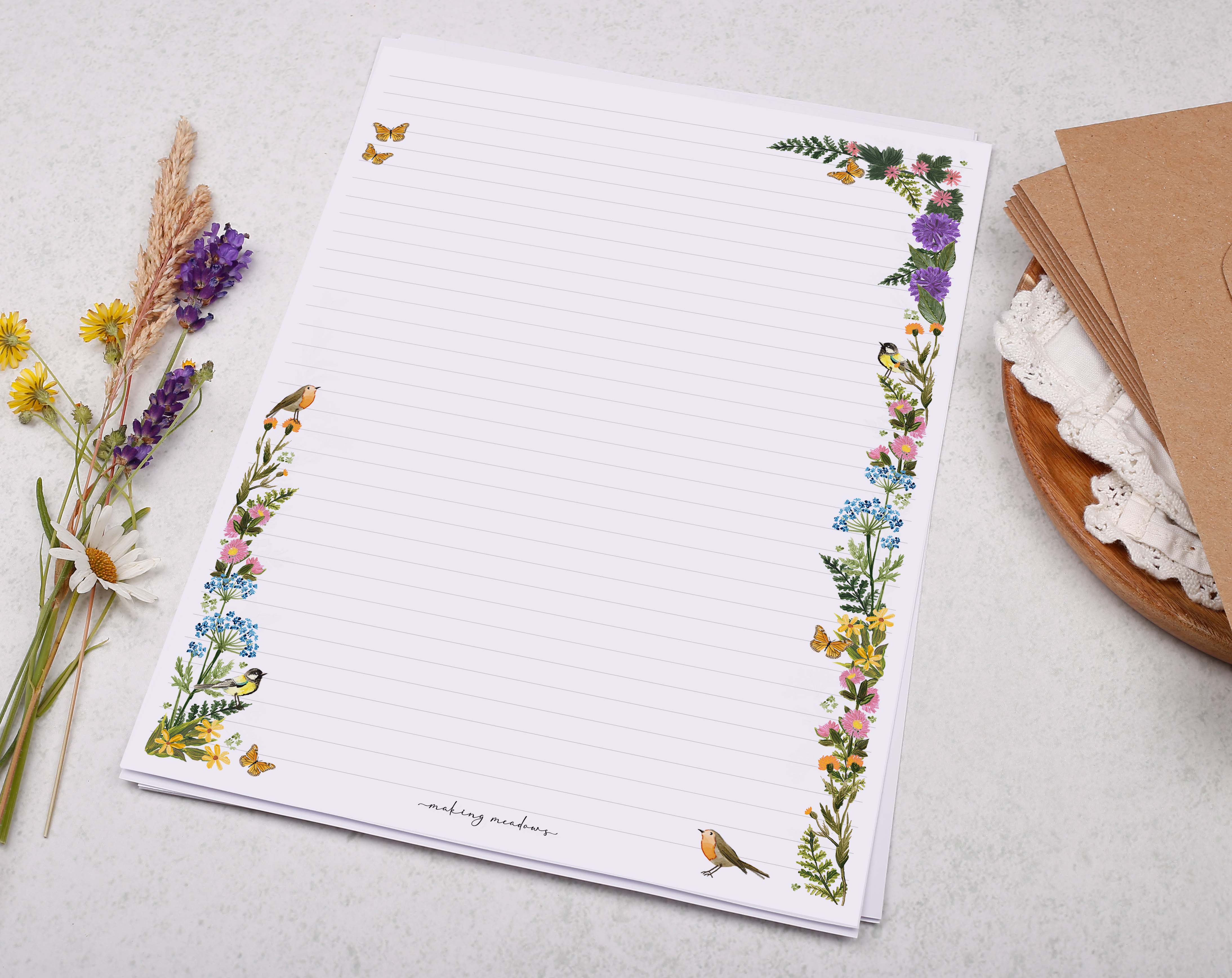 A4 writing paper with a ditsy floral meadow border. Stationery designed by Making Meadows