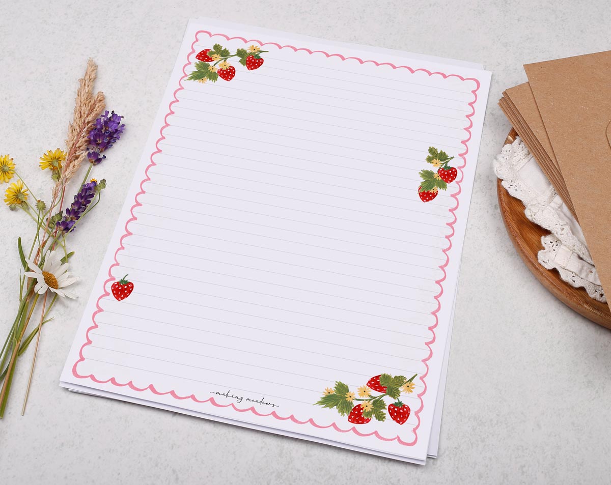 A4 writing paper with a french strawberry design. Stationery designed by Making Meadows