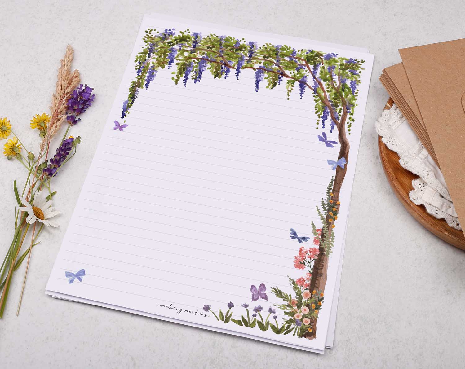 A4 writing paper with a wisteria garden. Stationery designed by Making Meadows