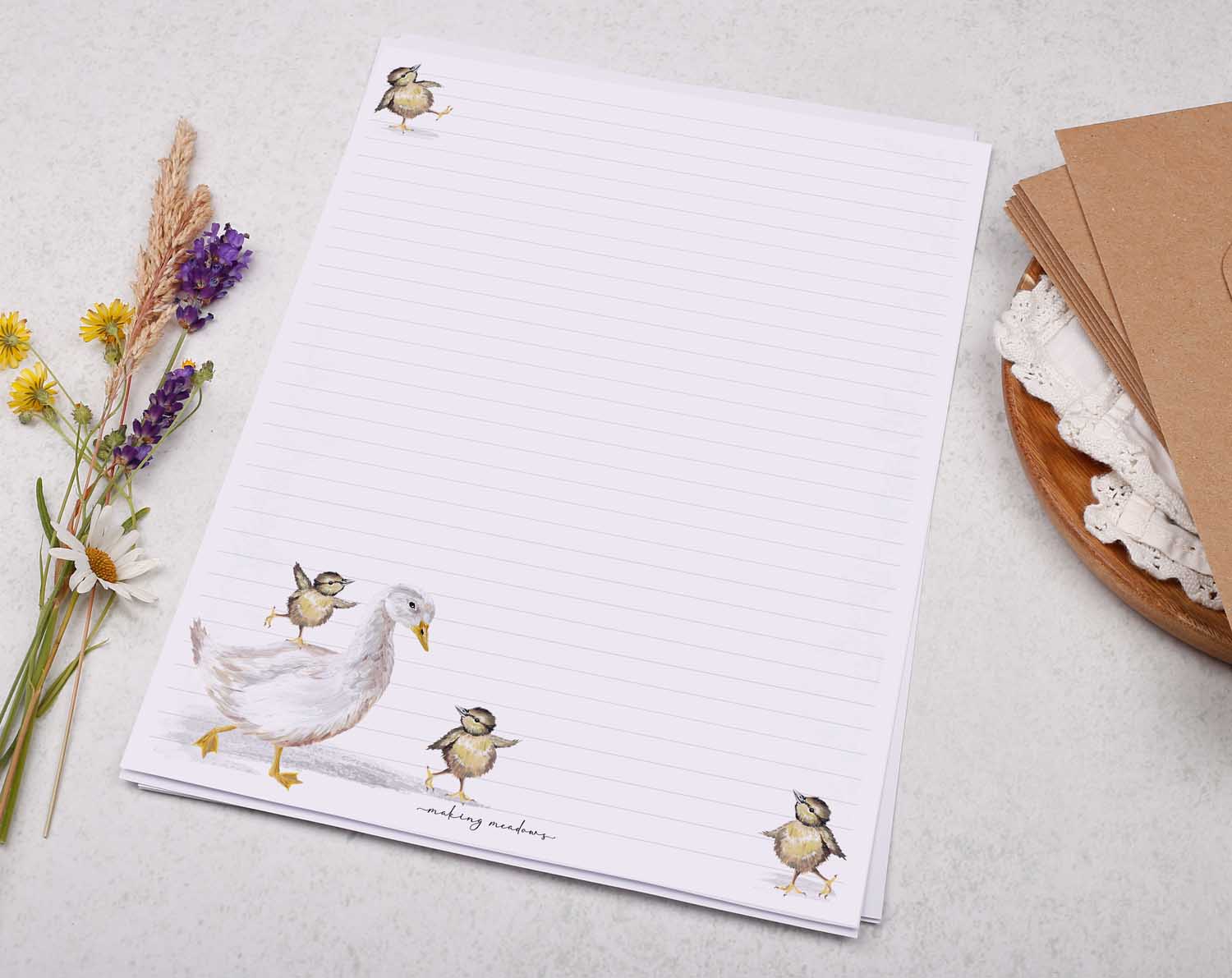 A4 writing paper with dancing bird chicks. Stationery designed by Making Meadows
