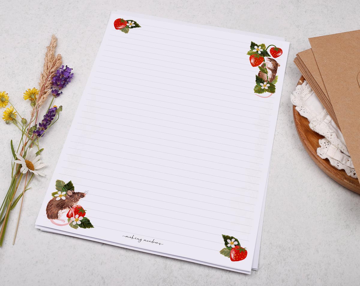 A4 writing paper with field mice & strawberries. Stationery designed by Making Meadows