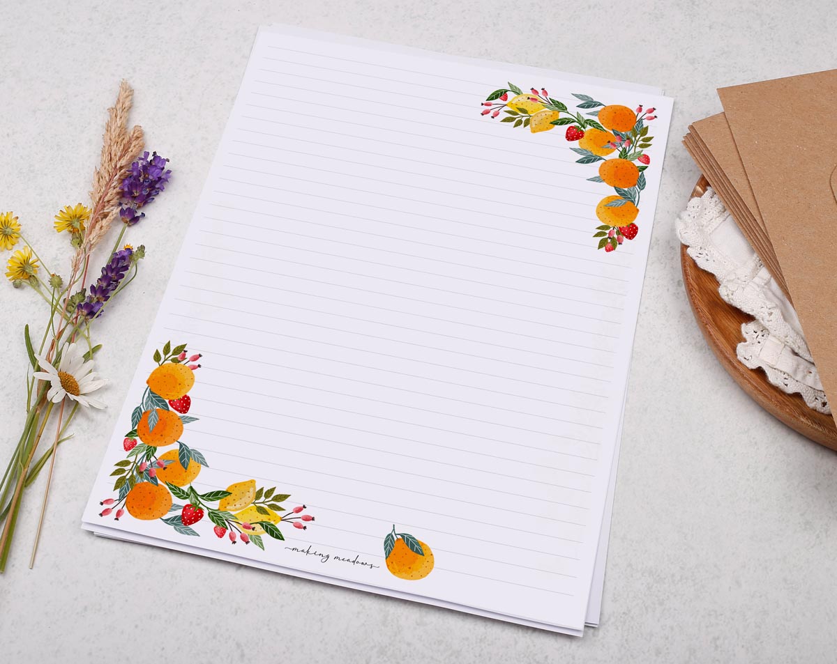 A4 writing paper with fruit border. Stationery designed by Making Meadows