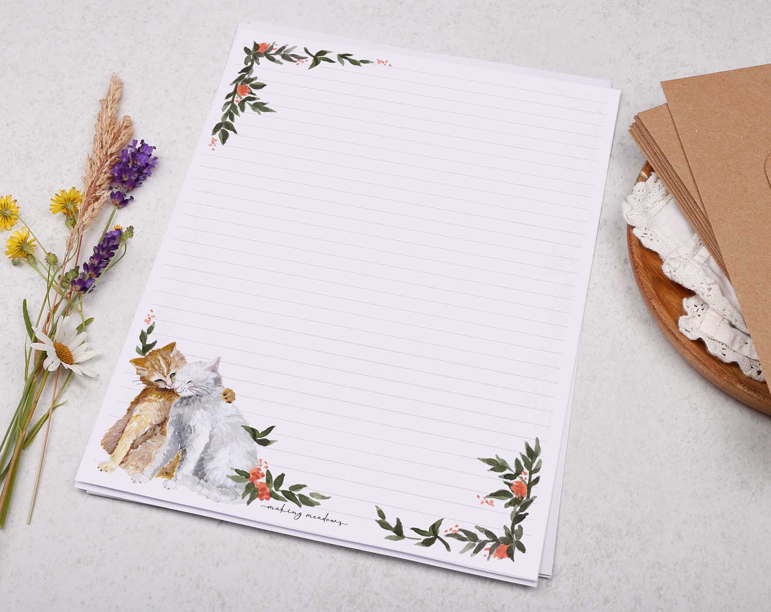A4 writing paper with ginger cat and pink floral border. Stationery designed by Making Meadows