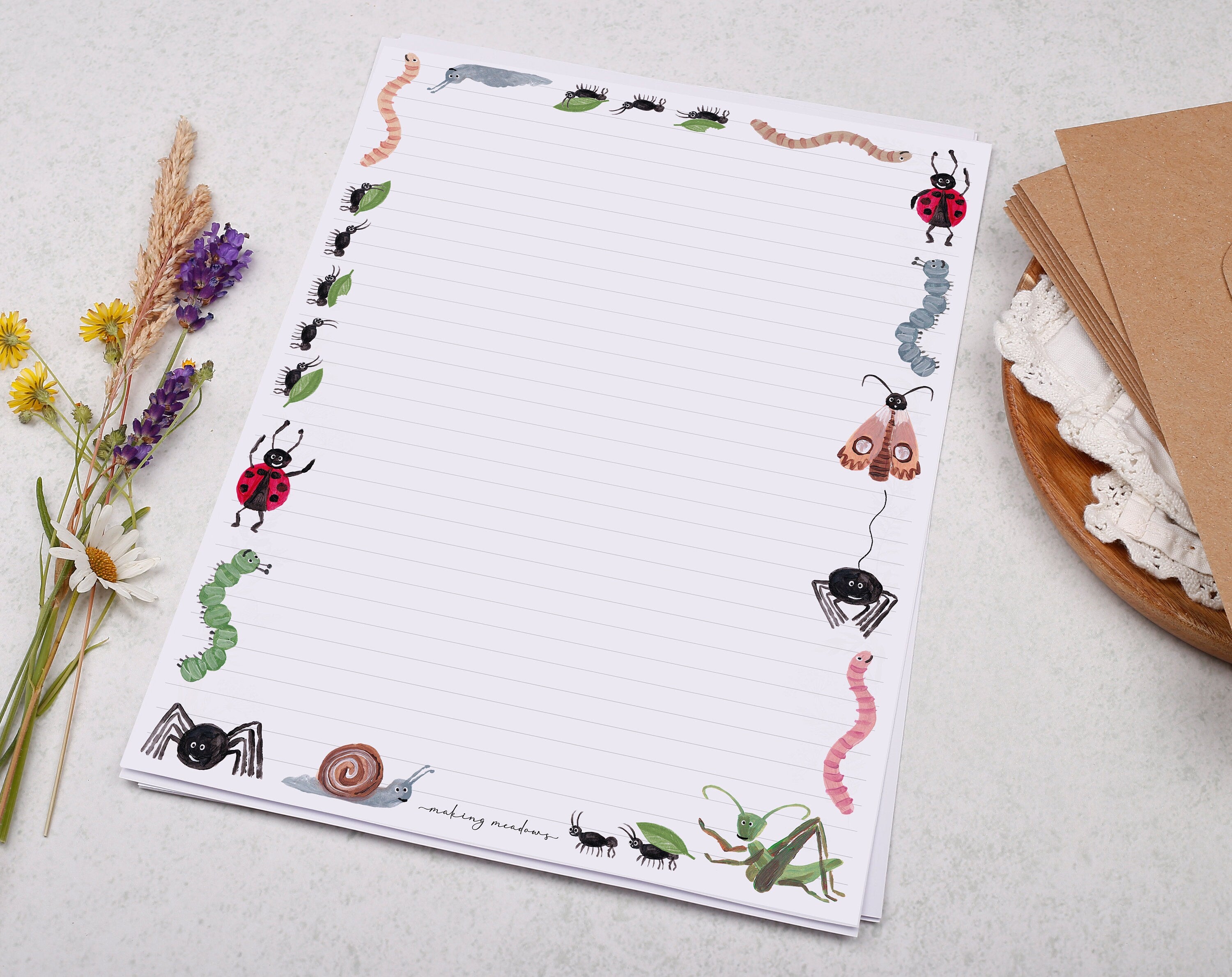 A4 writing paper with insect bugs. Stationery designed by Making Meadows
