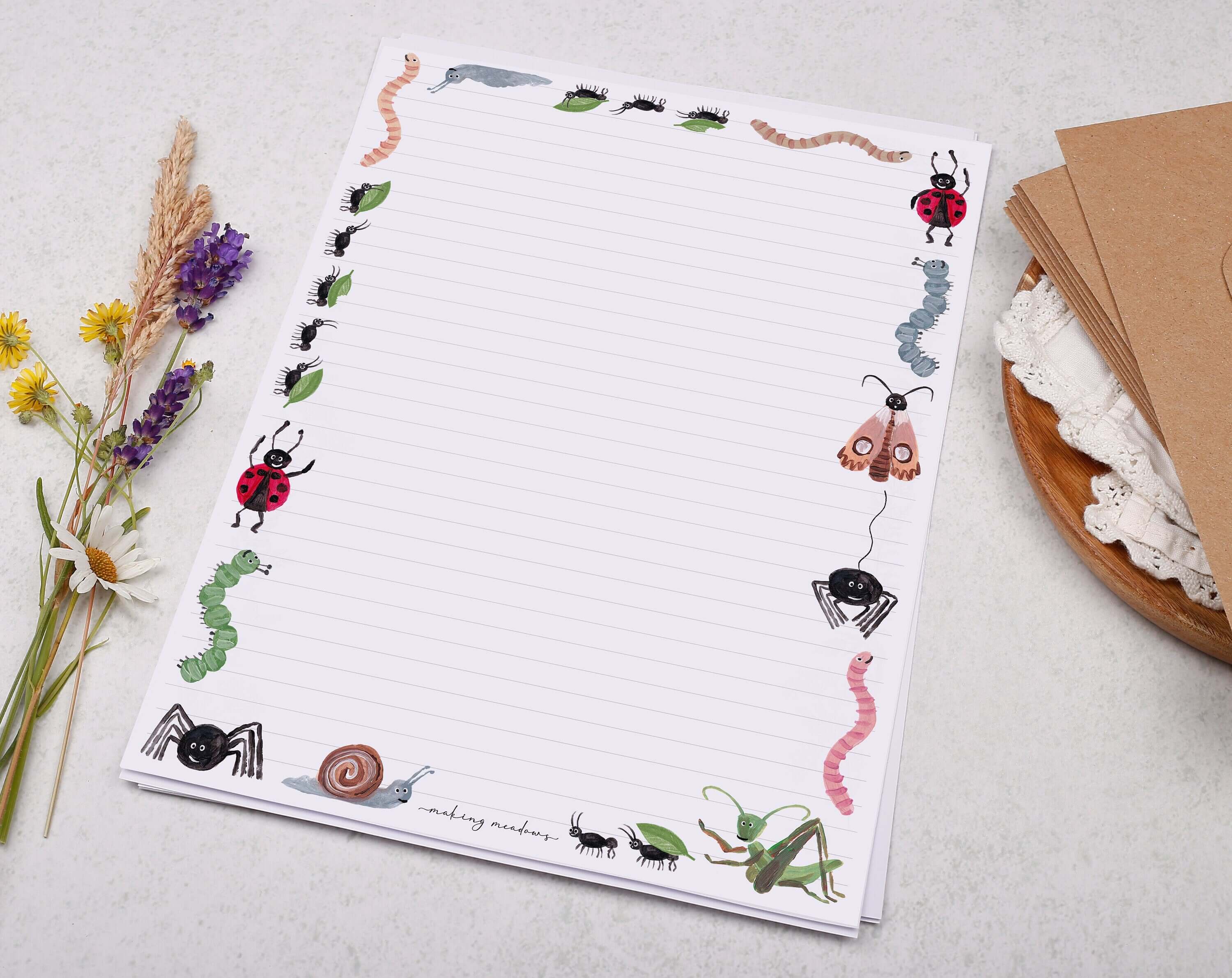 A4 writing paper with insect bugs. Stationery designed by Making Meadows