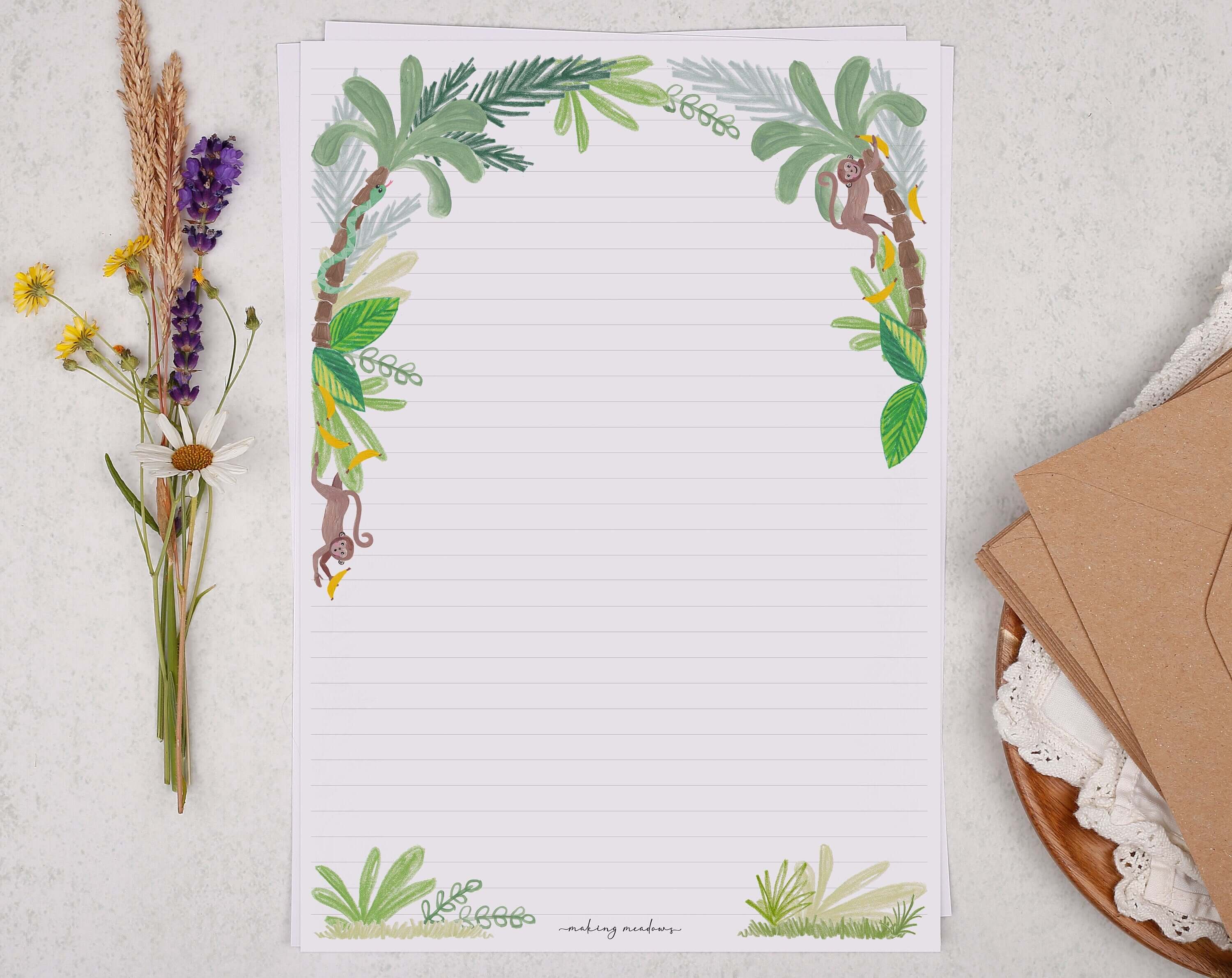 A4 writing paper with monkeys. Stationery designed by Making Meadows