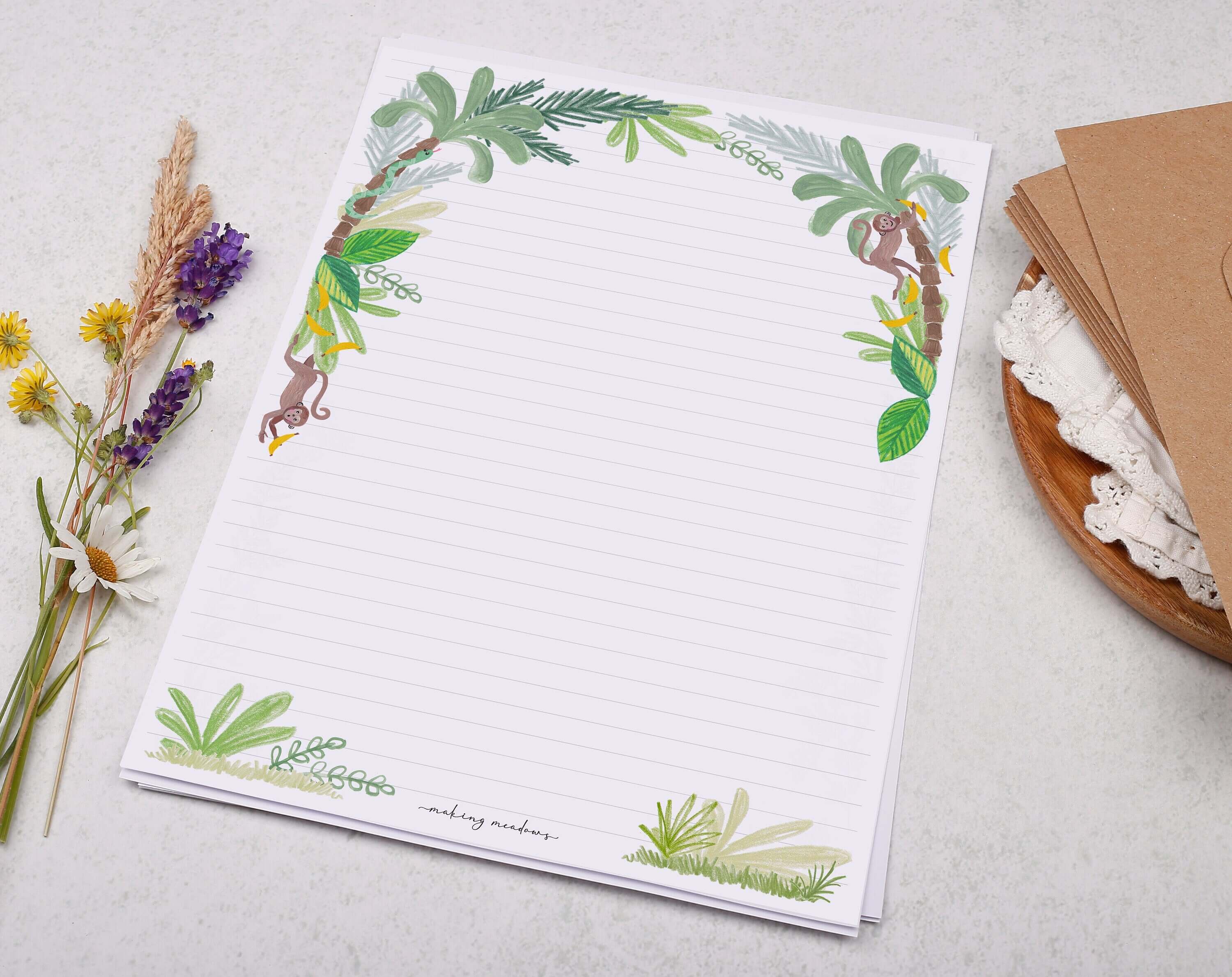 A4 writing paper with monkeys. Stationery designed by Making Meadows
