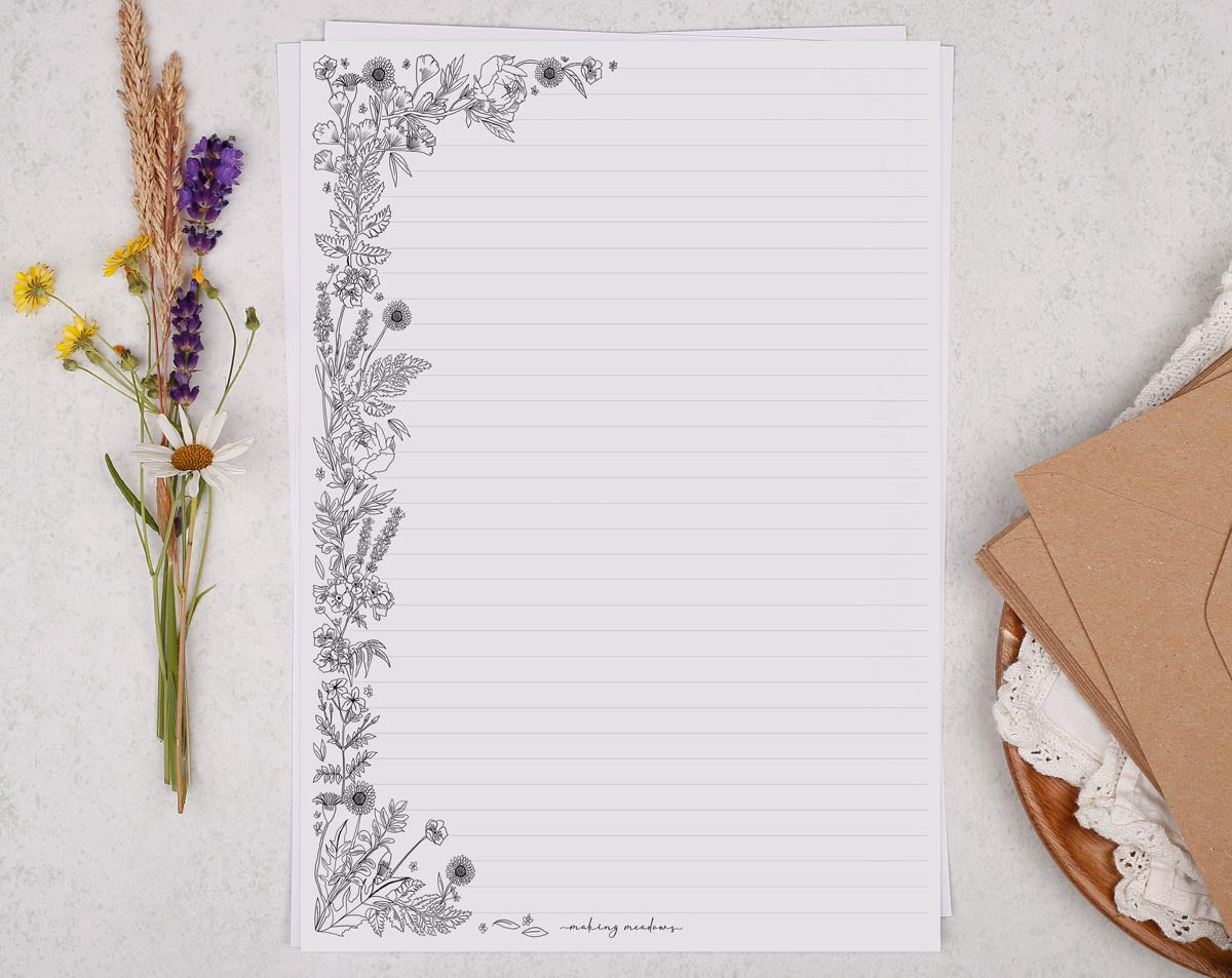 A4 writing paper with monochrome floral edge. Stationery designed by Making Meadows
