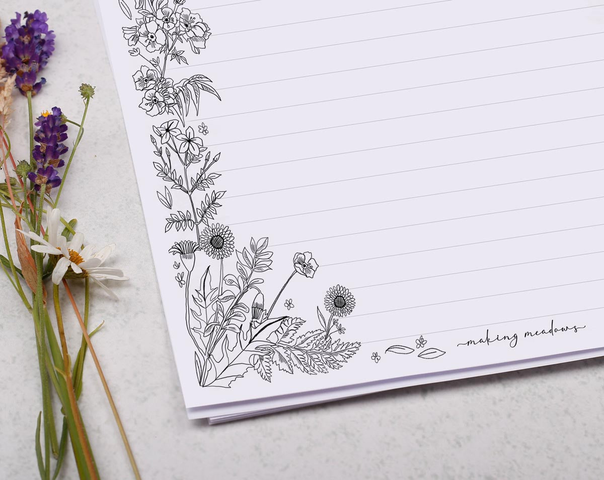 A4 writing paper with monochrome floral edge. Stationery designed by Making Meadows