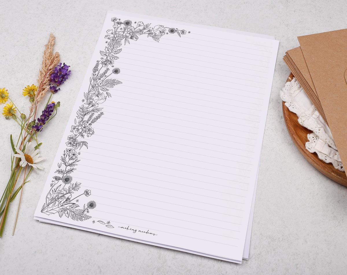 A4 writing paper with monochrome floral edge. Stationery designed by Making Meadows