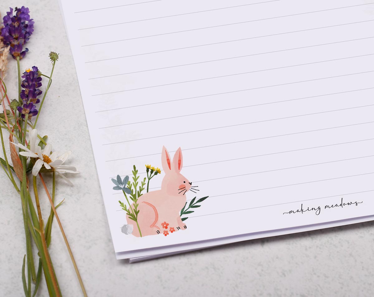 A4 writing paper with pastel rabbits & flowers. Stationery designed by Making Meadows