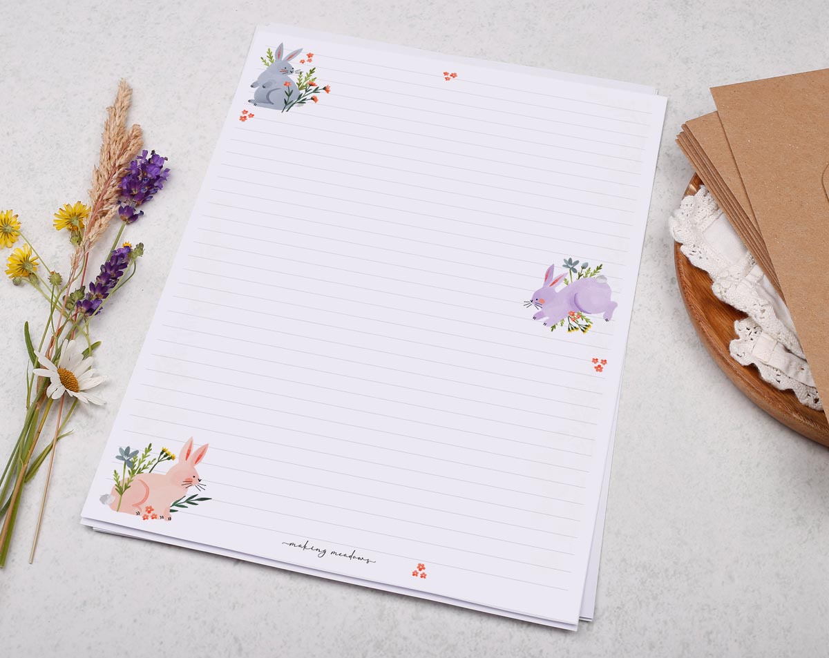 A4 writing paper with pastel rabbits & flowers. Stationery designed by Making Meadows