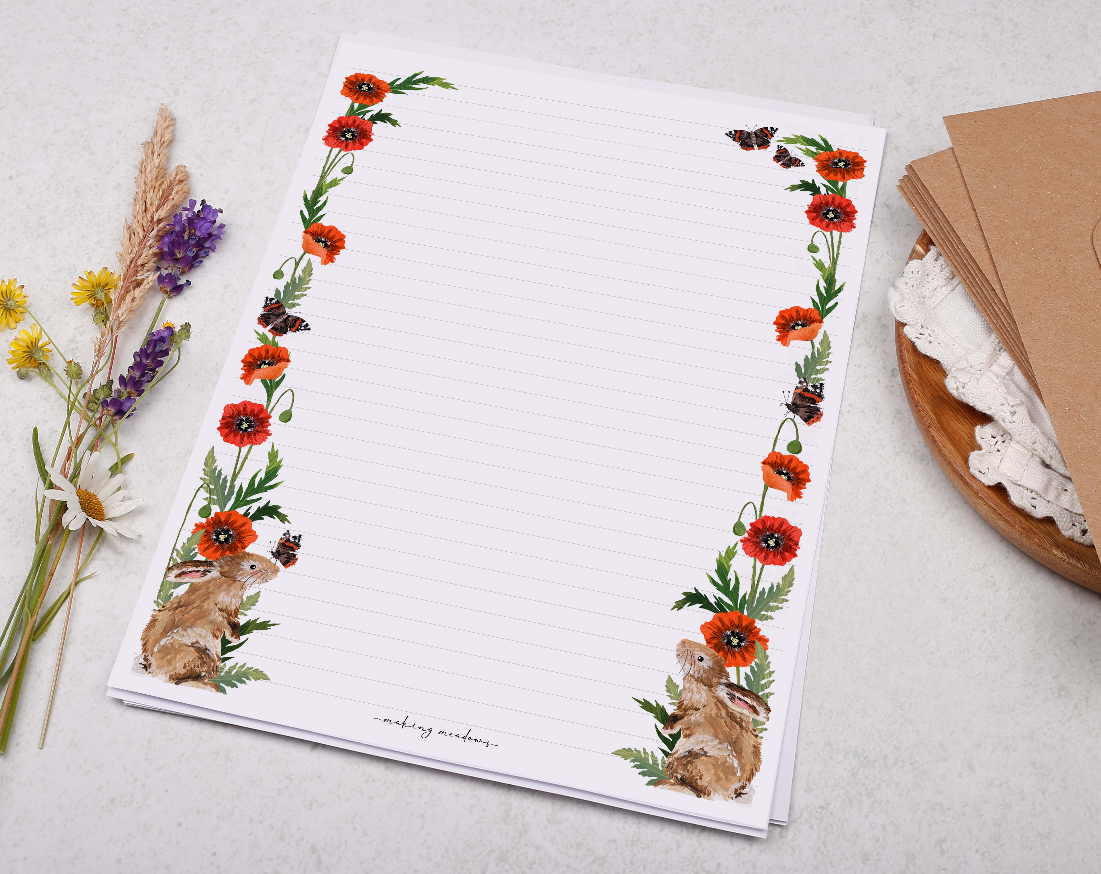 A4 writing paper with rabbit and poppy flower border. Stationery designed by Making Meadows