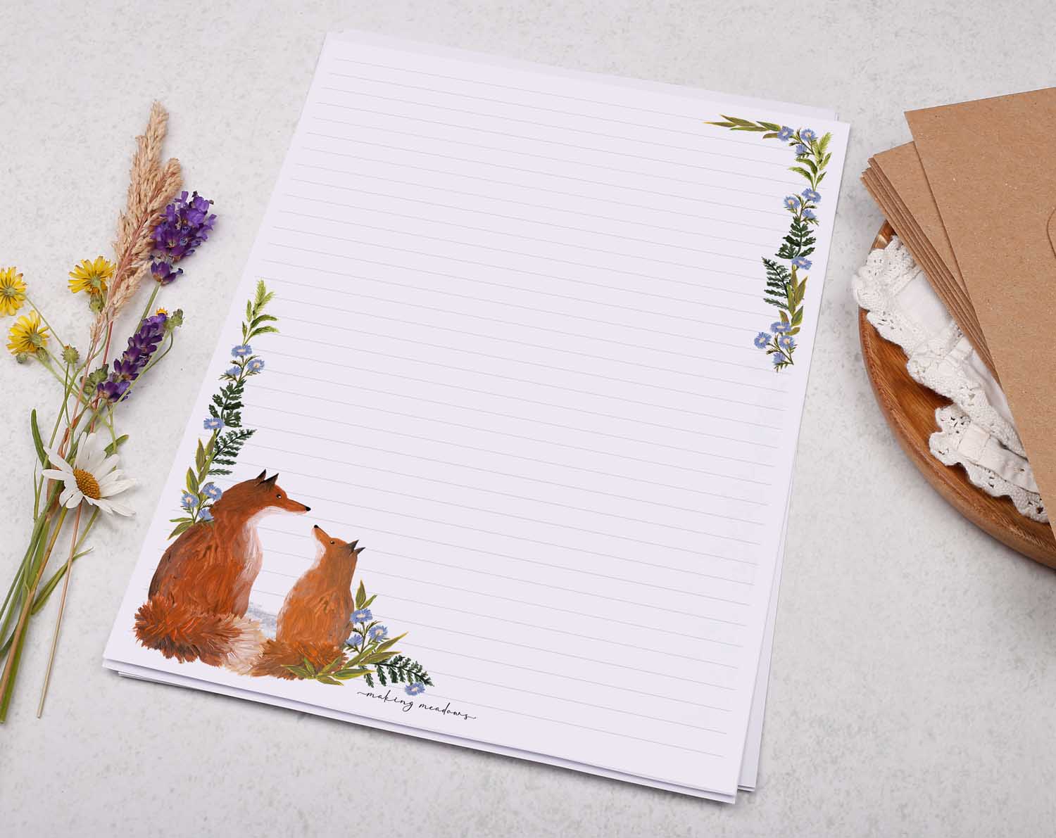 A4 writing paper with red fox and blue floral border. Stationery designed by Making Meadows