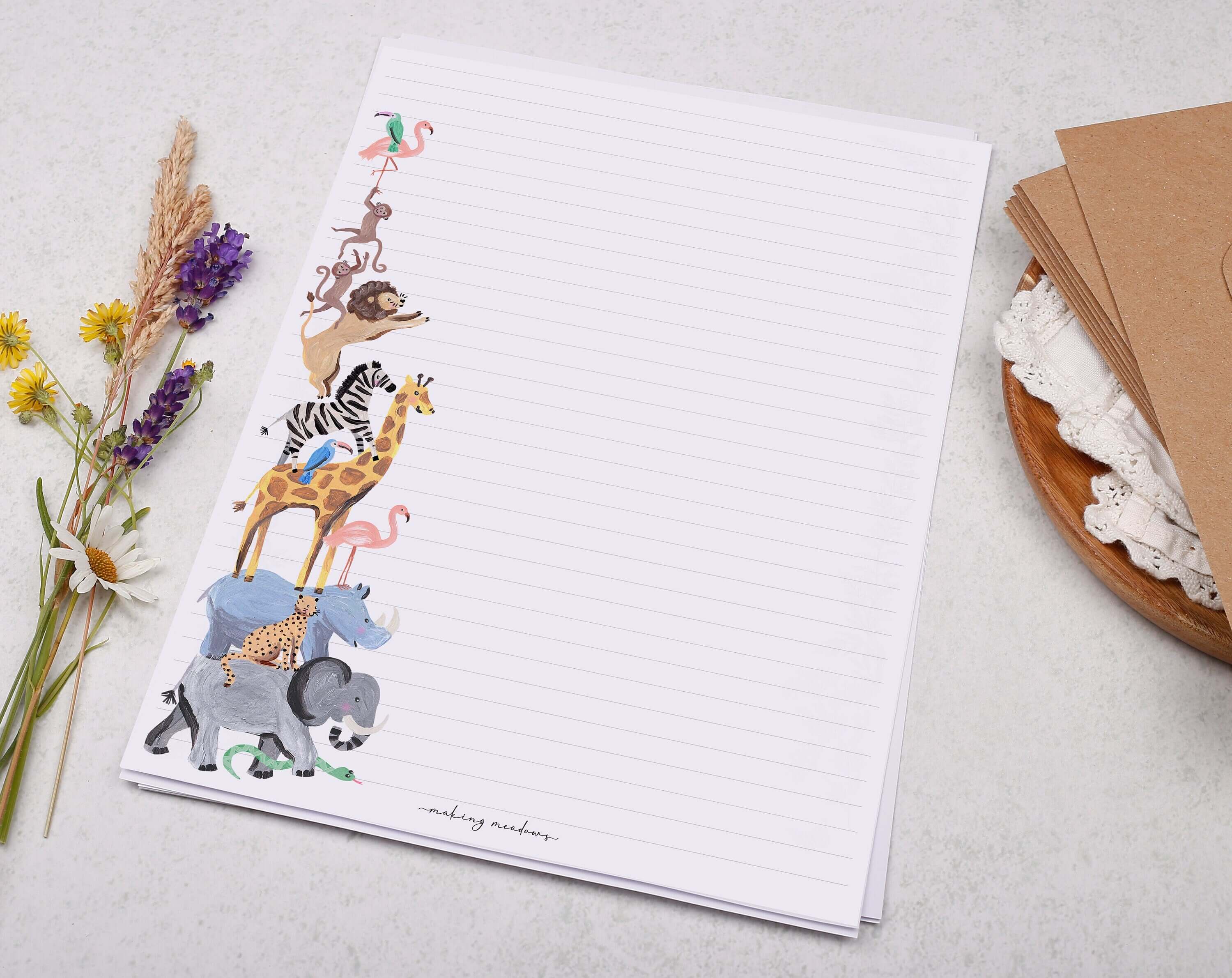A4 writing paper with safari animals. Stationery designed by Making Meadows