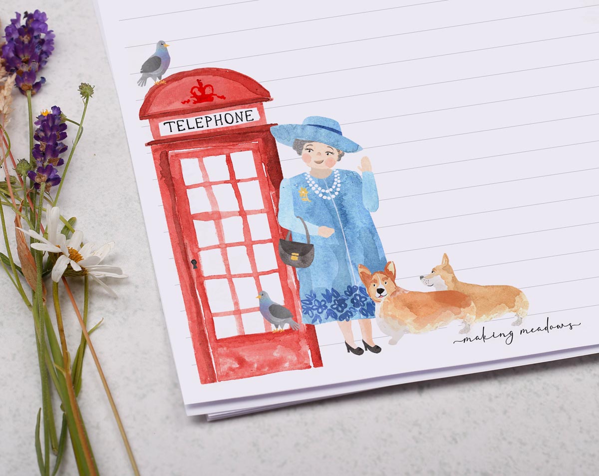 A4 writing paper with the Queen & Corgis. Stationery designed by Making Meadows