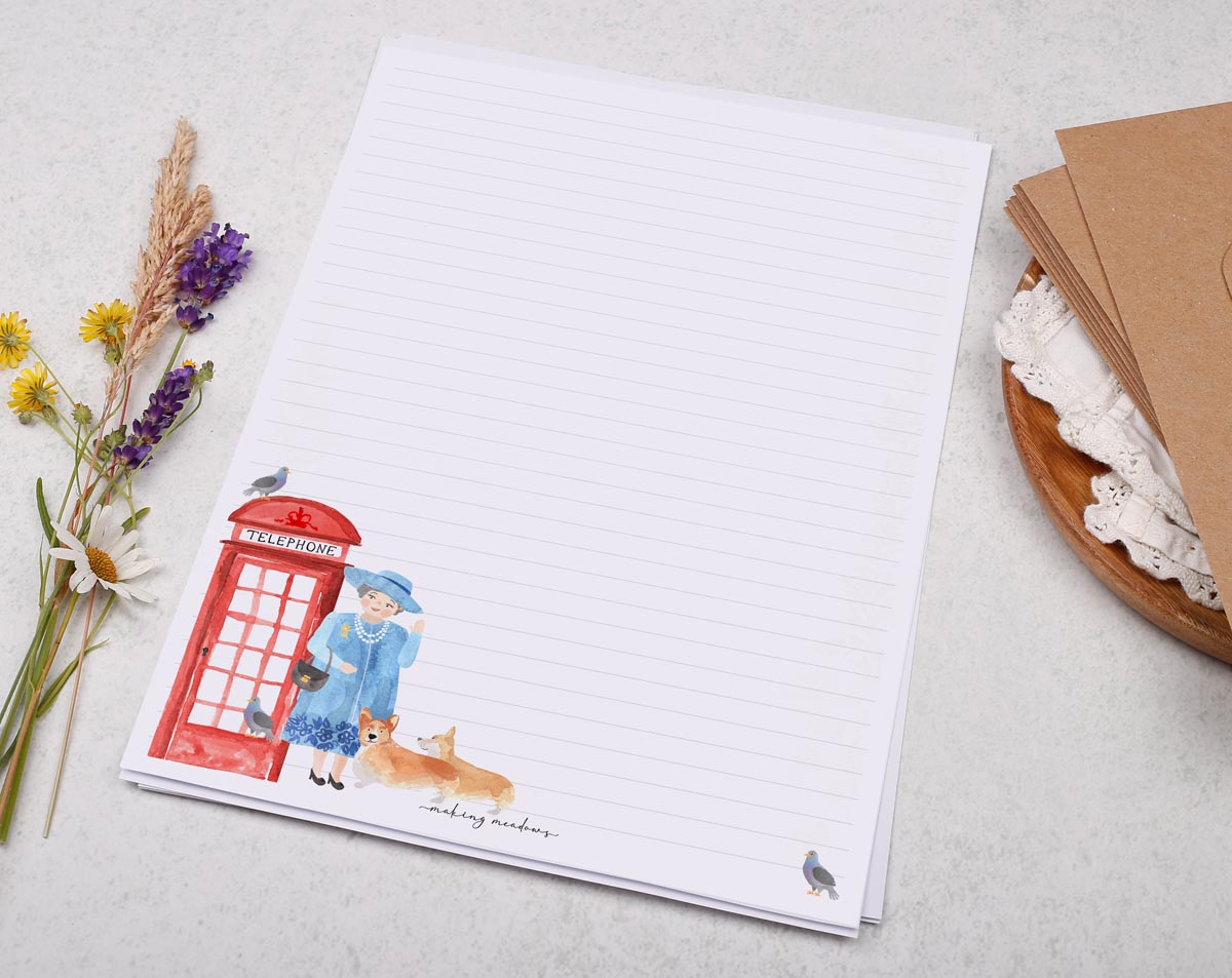 A4 writing paper with the Queen & Corgis. Stationery designed by Making Meadows