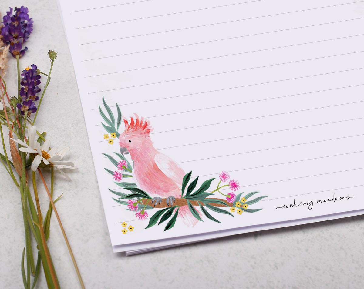 A4 writing paper with tropical birds & parrots. Stationery designed by Making Meadows