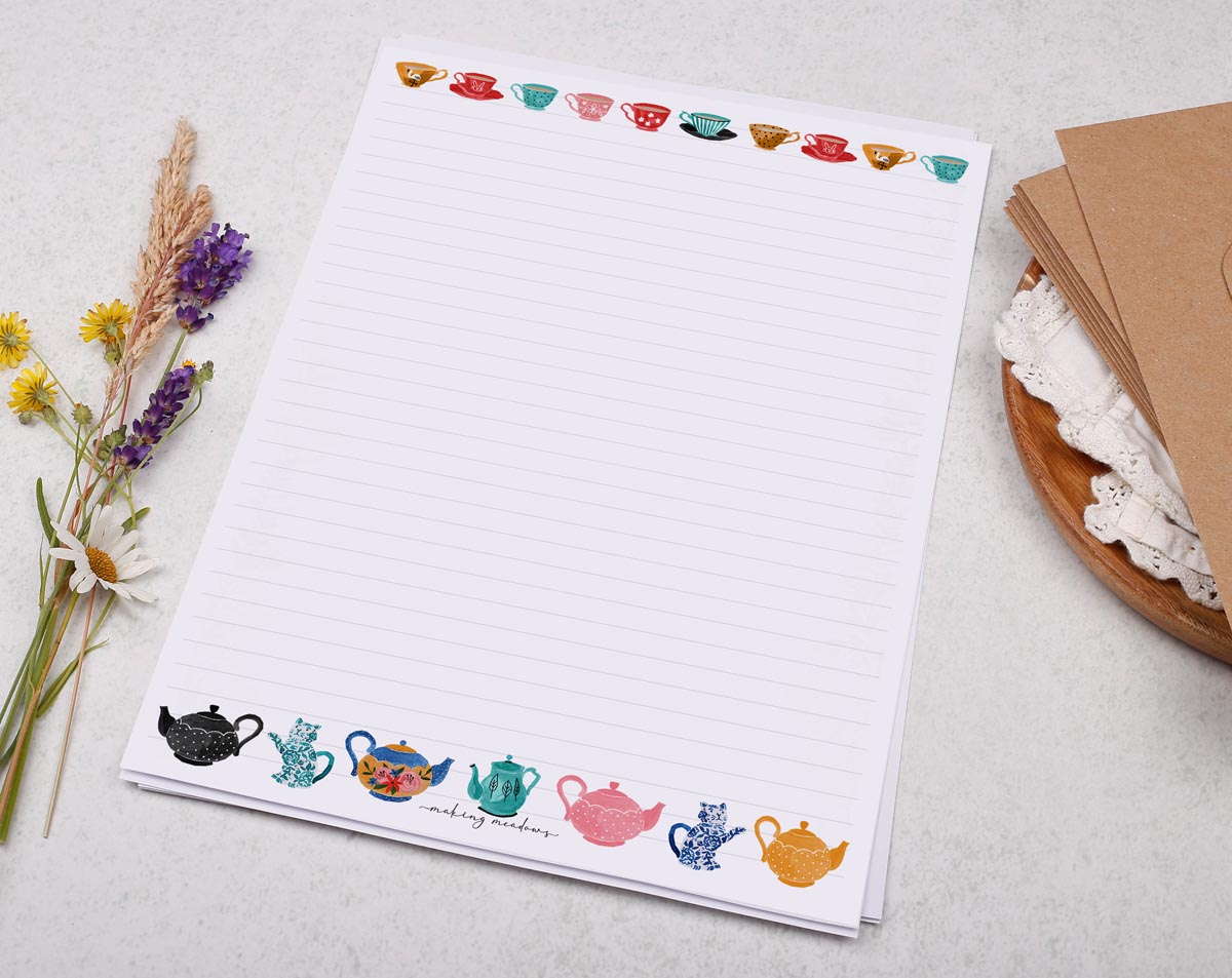 A4 writing paper with vintage tea pots. Stationery designed by Making Meadows