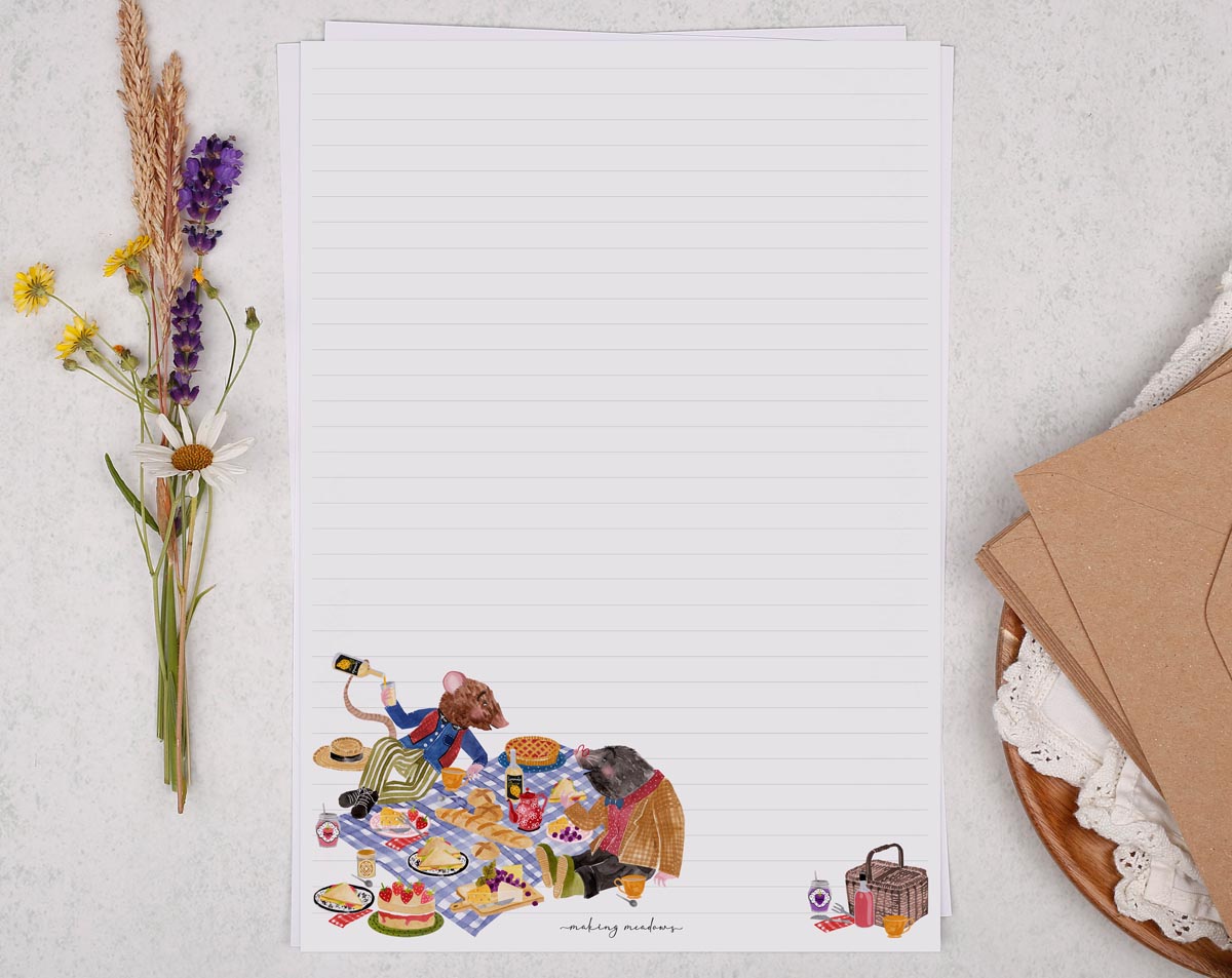 A4 writing paper with wind in the willows picnic. Stationery designed by Making Meadows