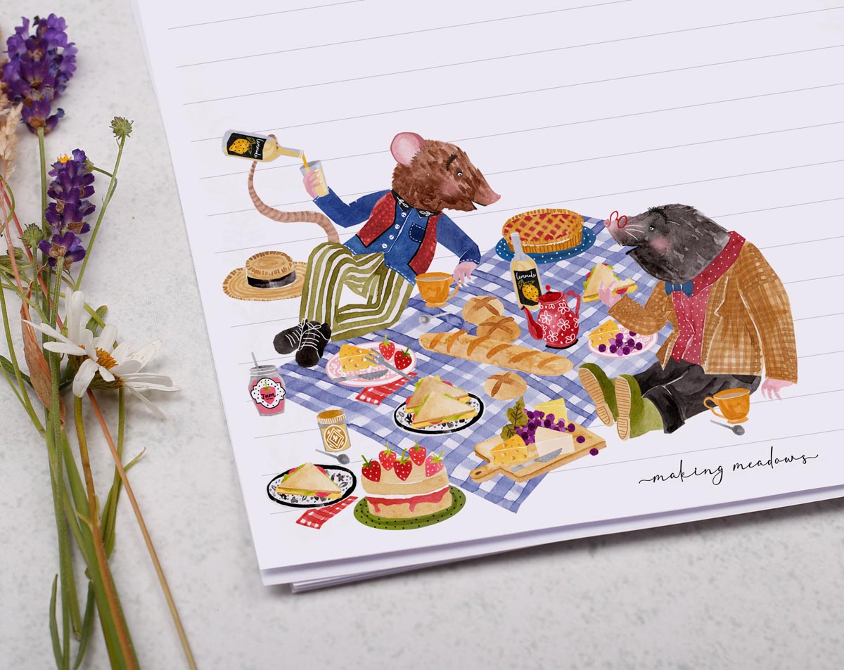 A4 writing paper with wind in the willows picnic. Stationery designed by Making Meadows