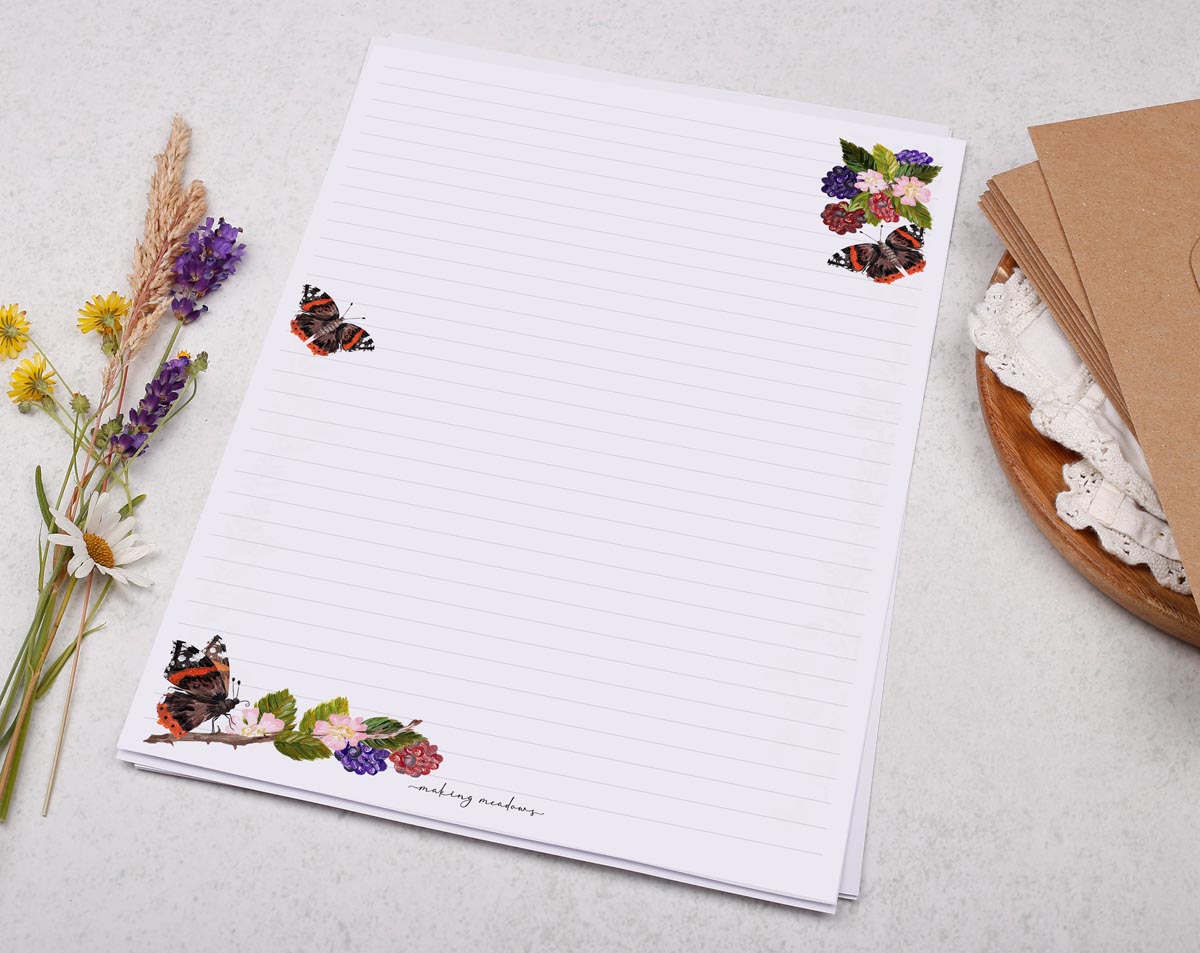 A4 letter writing paper sheets with a beautiful butterfly & blackberry design. 