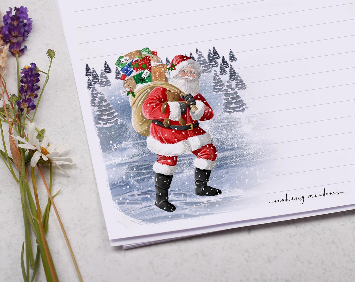 A4 Christmas letter writing paper sheets with a jolly Santa design.